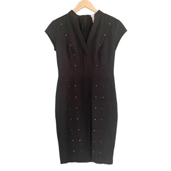 Y2K Cache Bodycon Dress Black Ponte Knit Fitted Gold Stud Studded Sheath Size 6 - Picture 10 of 10